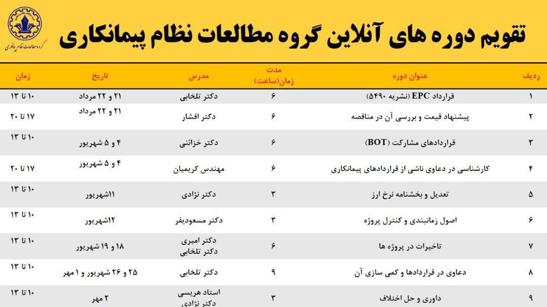 تقویم دوره‌های آنلاین گروه مطالعات نظام پیمانکاری